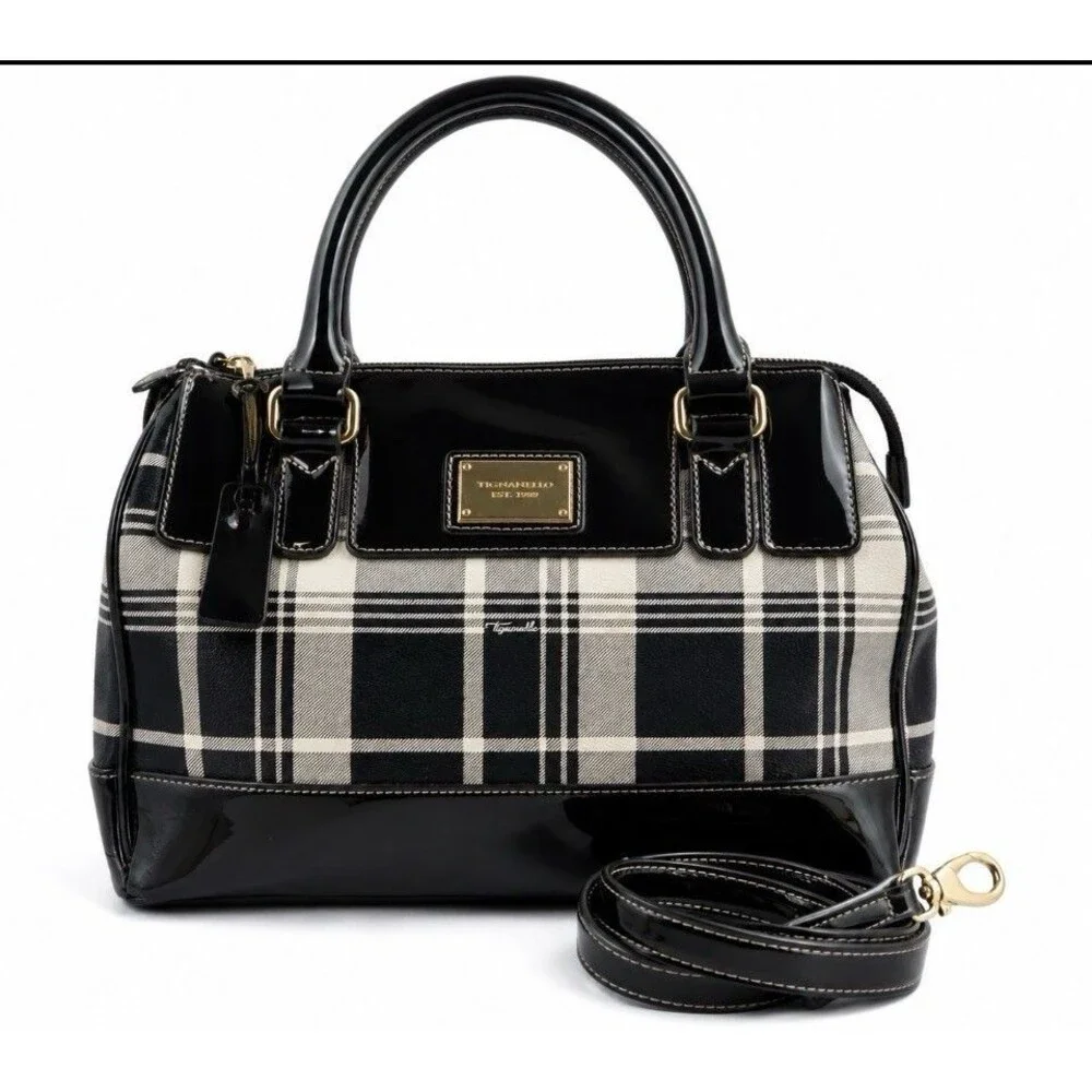 Tignanello Social Status Black Plaid Patent Leather Satchel Shoulder Bag